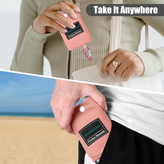 Odoland Beach Blanket Picnic Blanket, 43" x 63" SandProof Waterproof Outdoor Pocket Blanket with Portable Bag, Foldable Lightweight Sand Free Quick Drying Beach Mat for Hiking Camping Travel, Pink