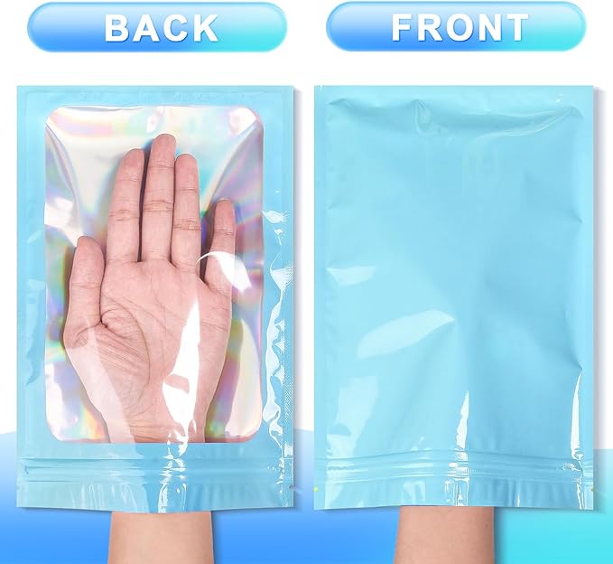 100 Pack Smell Proof Bags- Resealable Mylar Holographic Packaging Pouch Bag with Clear Window for Food Storage Eyelash Jewelry Electronics Storage (Blue, 3.5 x 4.7 Inch)