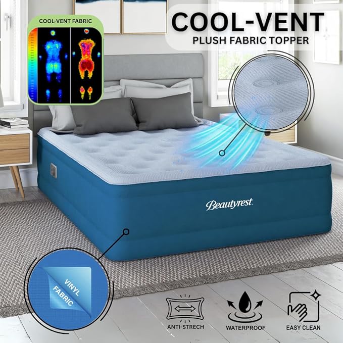 Beautyrest Comfort Plus, Twin Size Air Mattress with Built-in Pump, Raised Inflatable Bed, Cooling Vent Topper, Puncture-Resistant Vinyl, 700lb Support, Guest and Camping Airbed, 3-Year Warranty