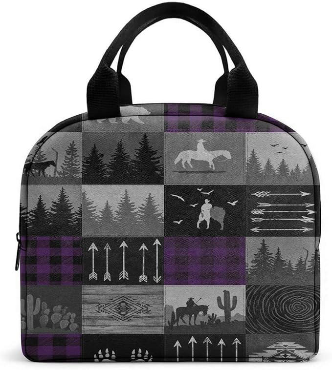 Western Retro Denim Insulated Lunch Bag Bear Deer Bird Nature Landscape Cactus Thermal Tote Portable Size (03)
