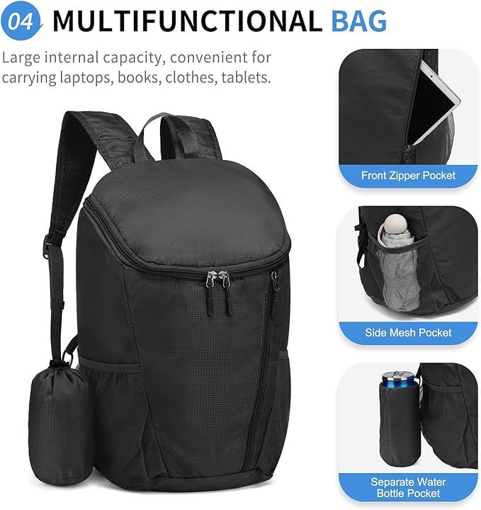 Hiking Backpack, 20L Packable Daypack for Men Women, Nylon with Adjustable Straps, Lightweight Waterproof Outdoor Camping Travel, Black