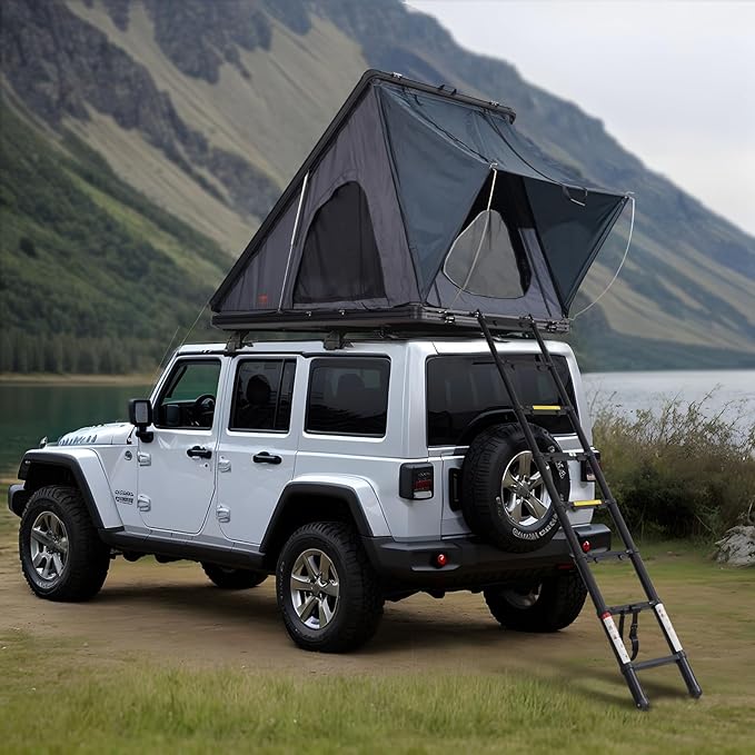 VEVOR Rooftop Tent Hard Shell, 2-3 Person Aluminum Roof Top Tent Hardshell with Tri-Color LED Light, Thick Mattress & 1 Window, Waterproof Windproof Overland Camping Car Roof Rack for Jeep SUV Pickup