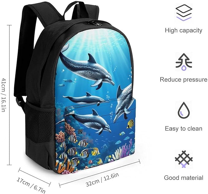 Supdreamc Rucksacks Polyester Anti-Theft Multipurpose Colorful Sea Ocean World Dolphin Tropical Fishes Coral Art Carry On Bag Large Capacity Gym Outdoor Hiking Backpack With Smooth Zippers