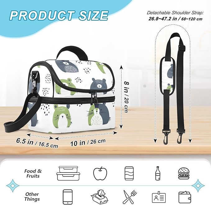 Double-layer Lunch Bag safaris Simple Bears Green Soft Cooler Cooling boxes? with Detachable Shoulder Strap for Beach, Camping, Road Trips