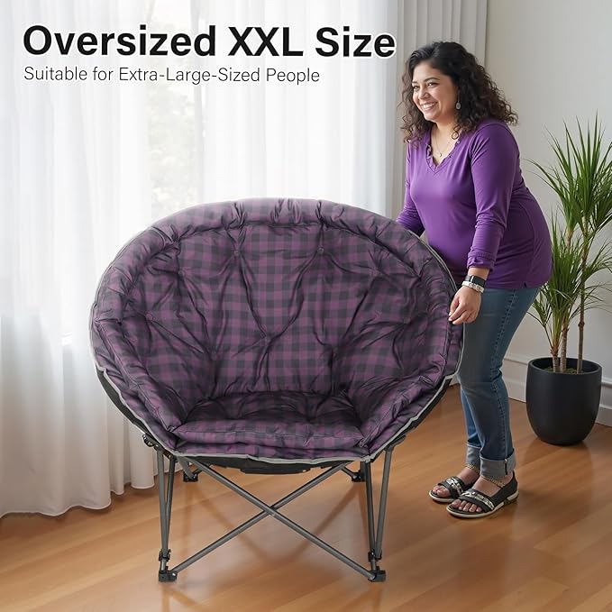 Oversized XXL Folding Round Camping Chairs,Comfy Padded Moon Camp Chairs,Heavy Duty Supports 440 Lbs Outdoor Lawn Chairs for Adults,Perfect for Indoor,Family Hiking,Picnics and Garden,Purple Plaid