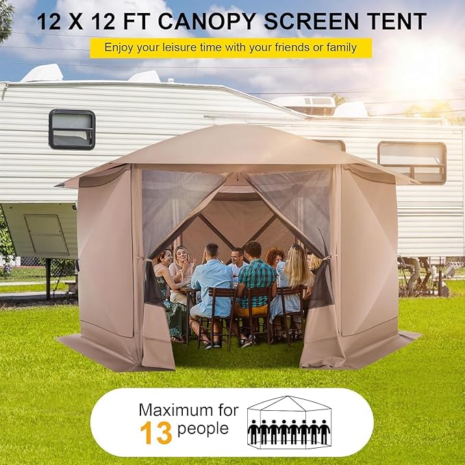 COBIZI 12x12FT Pop Up Gazebo Screen Tent Screen House for Camping, Screen Room with Mosquito Netting, Hub Tent Instant Screened Canopy with Carrying Bag and Ground Stakes,Khaki