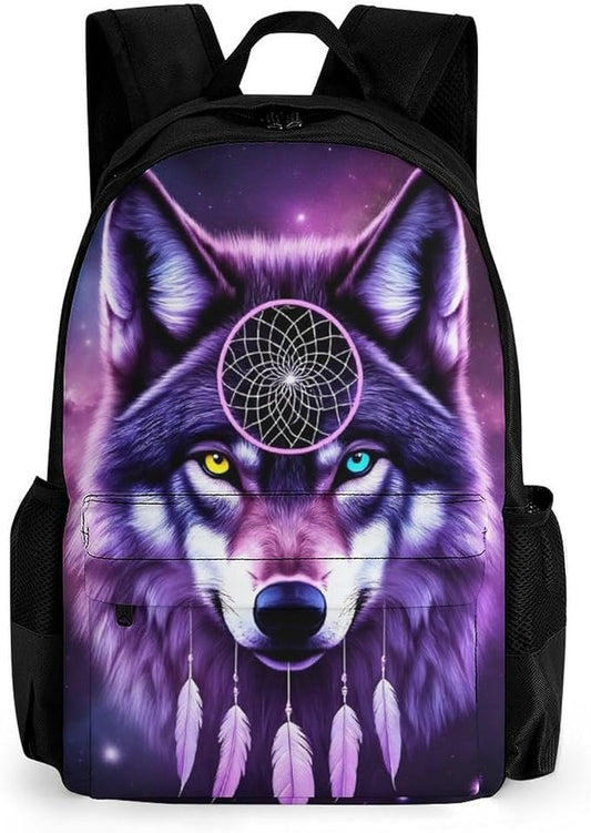 Polyester Daypack Backpack for Sports Travel Running, Big Capacity Anti-Theft Multipurpose Carry On Bag, Purple Galaxy Dream Catcher Wolf Space Fantasy Laptop Book Bag Rucksack