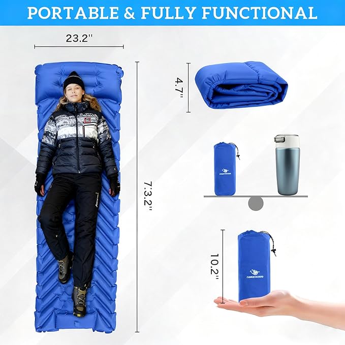 Camping Sleeping Pad, Inflatable Ultralight Camping Mat with Pillow, Built-in Foot Pump Air Mat for Traveling Tent Camping Hiking Backpacking (Blue)