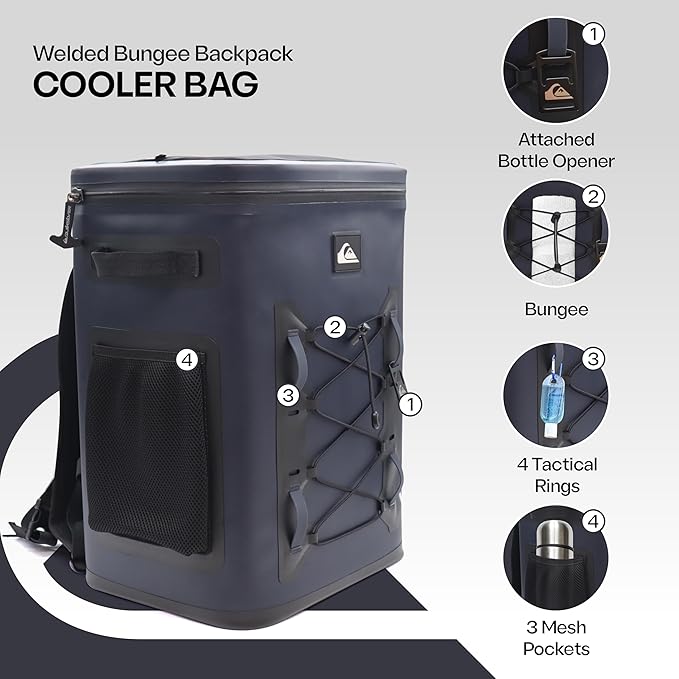 Quiksilver Welded Bungee Backpack Cooler, 30L/36 Cans, 48-72 Hours Insulation, Leakproof & Waterproof IPX7 Rated, Heavy-Duty 600D TPU, Adjustable Straps