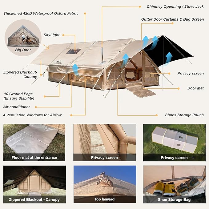 Inflatable Camping Tents 8-10 Person,129 Square Feets Large Inflatable Camping Tent with Stove Jack,Blow up Tent with Mesh Windows & Pump