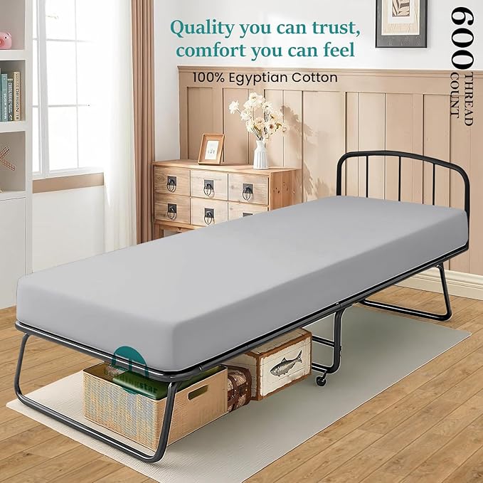Full Fitted Sheet 54 x 75 Inches 12" Deep Pocket 100% Egyptian Cotton 600 Thread Count Snug Fit for Trifold Mattress, Narrow Twin, Camp Bunk, Guest Bed, Army Cot Soft & Breathable – Silver Grey