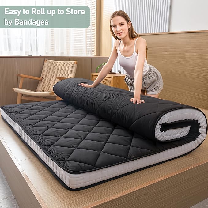MAXYOYO Japanese Floor Futon Mattress King Size, Floor Bed for Adults, Roll Up Folding Mattress, Diamond Patterned Japanese Futon Bed, Black