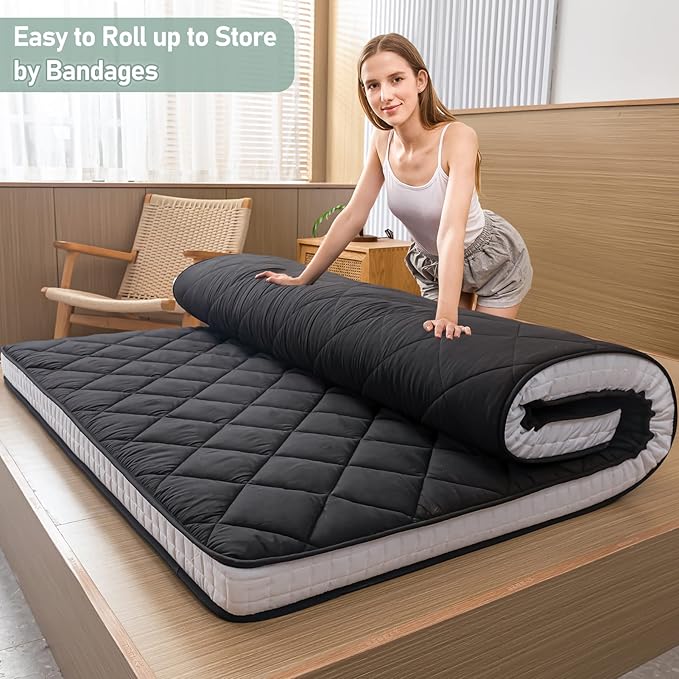 MAXYOYO Japanese Floor Futon Mattress Queen Size, Floor Mattress for Adults Queen Bed, Roll Up Folding Floor Bed, Diamond Patterned Japanese Futon, Black