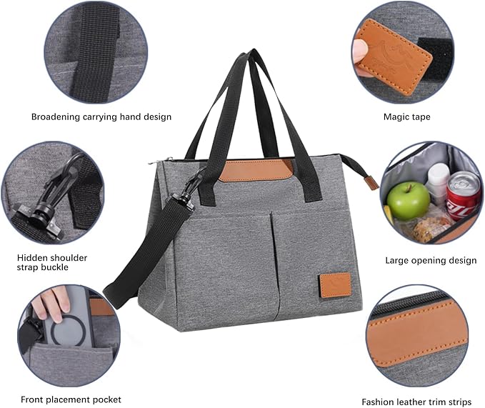 Lunch Bag Women Insulated Lunch Box Reusable Leakproof Large Spacious Cooler Tote for Women Men Adult with Removable Adhesive Decoration for Work Office Travel Picnic