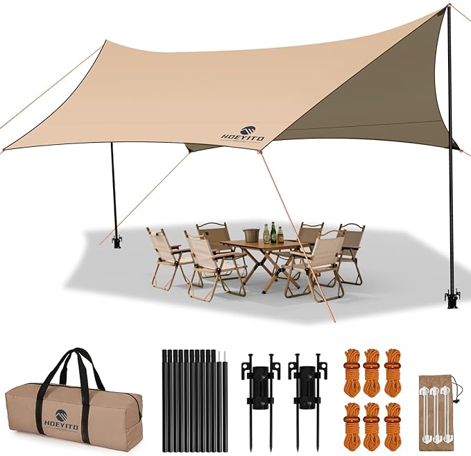 Camping Tarp with Poles & Retainer,15x12.5FT Large Waterproof 210D Oxford Cloth Camping Canopy, Anti-UV UPF100+ Tent Tarp for Outdoor, Picnic, Car, Hammock, Backpacking (Khaki)