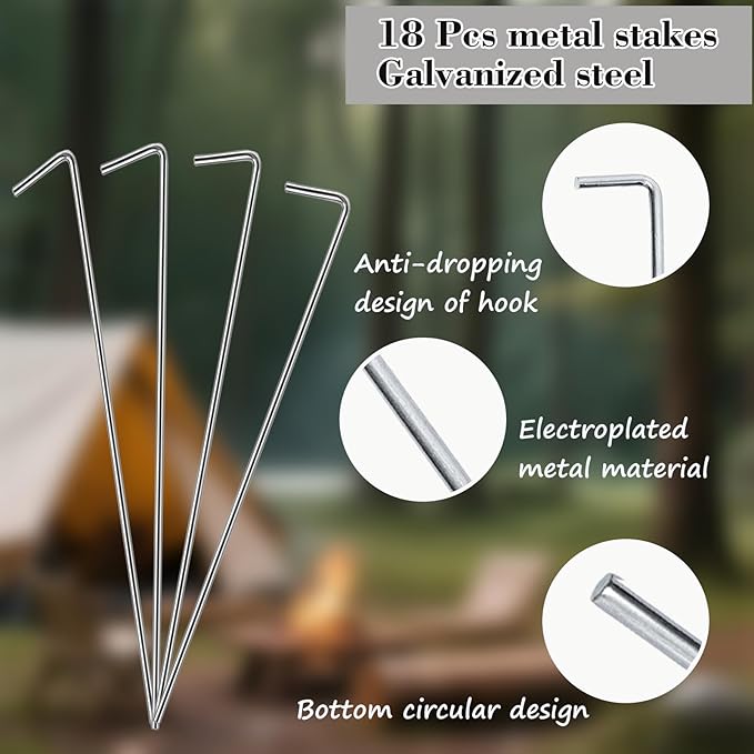 18 Pack 6.5 Inch Metal Tent Stakes Heavy Duty Ground Pegs for Camping, Canopy, Christmas Decorations & Gardening, Outdoor Tent Accessories Camping Essentials