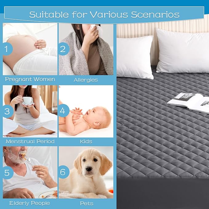 GRT King Size Grey Quilted Fitted Mattress Pad, 100% Waterproof Breathable Mattress Protector, Noiseless Hollow Cotton Mattress Topper, Fitted 8"-26" Deep, Dust Proof