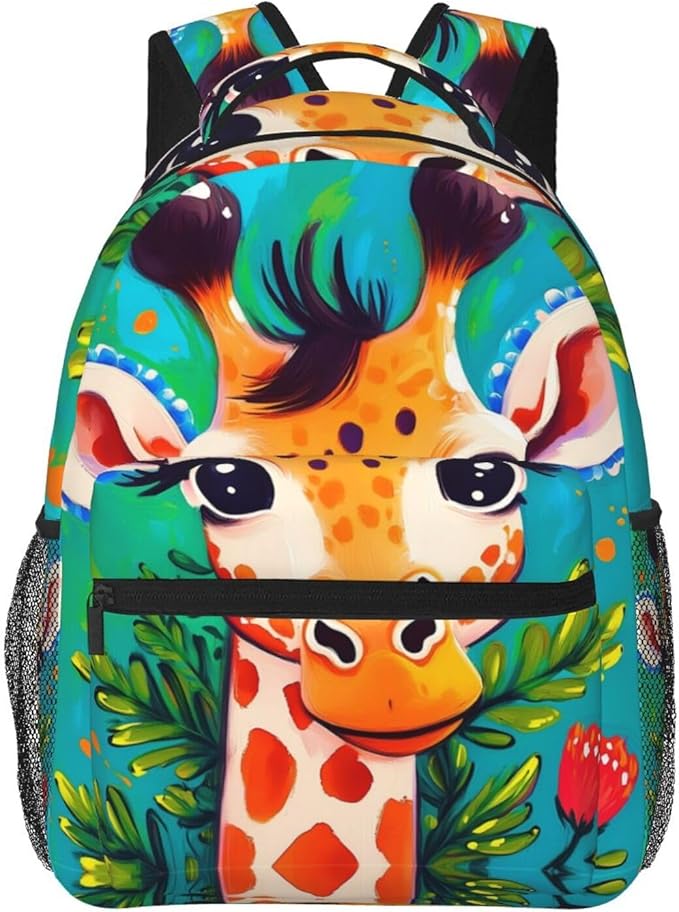 Polyester Daypack for Camping Travel Walking Cycling, Big Capacity Anti-Theft Multipurpose Bookbag, Cartoon Giraffe Watercolor Cute Art Camping Outdoor Backpack