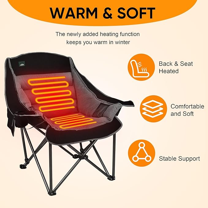 Northroad XL Heated Camping Chair, Oversized Heated Chairs,Portable Folding Heated Lawn Chair W/3 Control Levels for Outdoor Hiking, Picnics, Heavy-Duty 400-lbs Capacity, (Battery NOT Included)