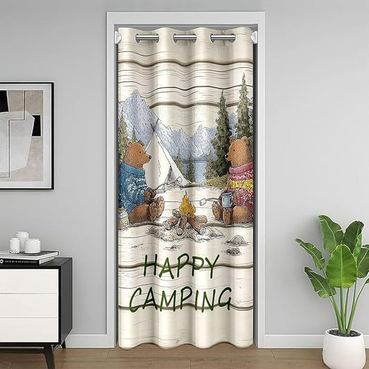 Happy Camping Door Curtain For Doorway Privacy Boys - Cartoon Bear Wild Adventure Blackout Curtain Vintage Wooden Planks Farmhouse Door Drape Retro Tent Mountain Forest Window Treatment 59"W x 80"L