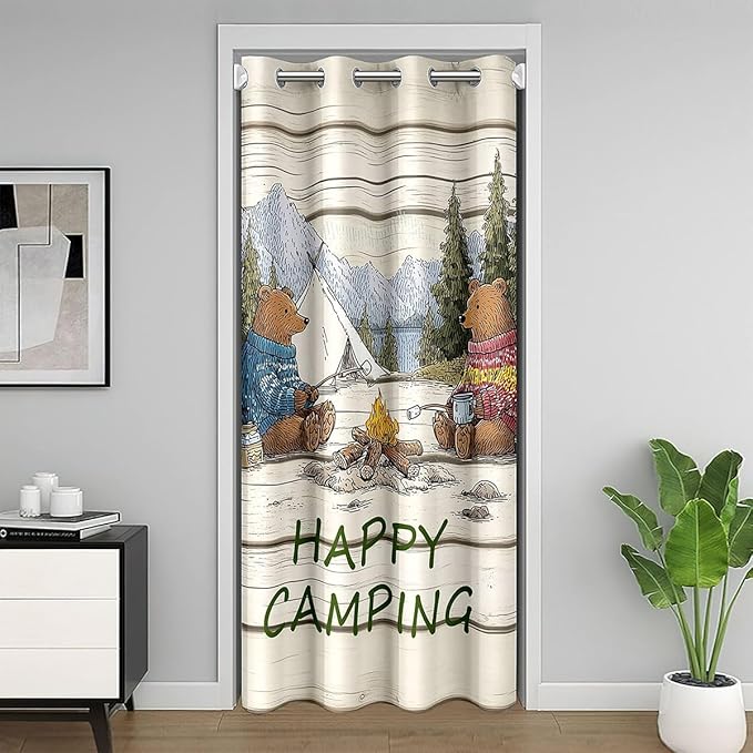 Happy Camping Door Curtain For Doorway Privacy Kids - Cartoon Bear Wild Adventure Blackout Curtain Vintage Wooden Planks Farmhouse Door Drape Retro Tent Mountain Forest Window Treatment 52"W x 84"L