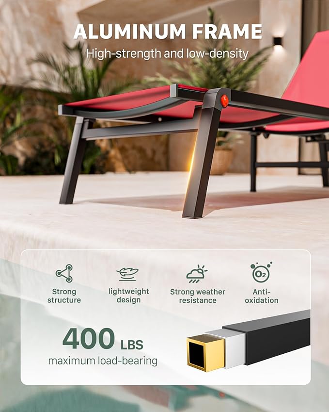 Aluminum Chaise Foldable Patio Lounge Chair Outdoor, Metal Deck Lounger Adjustable 5-Position Recliner Pool Chase Breathable Full Flat Outside Sun Tanning Chairs for Beach/Poolside/Lawn(Red, 2 Pack)