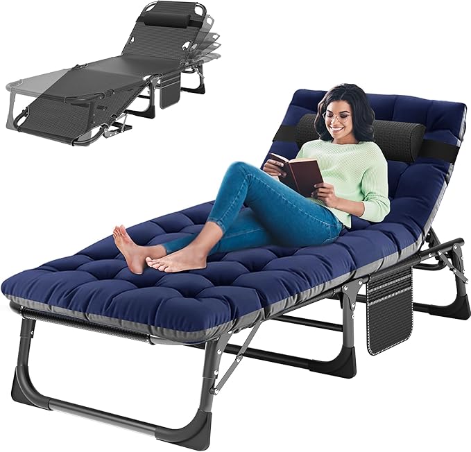 ABORON 3-in-1 Folding Patio Lounge Chair, 440LB Heavy-Duty Tri-Fold Guest Bed with Plush Cotton Cushion, No Assembly Adjustable Recliner for Office Nap, Patio Sunbathing, Poolside & Camping