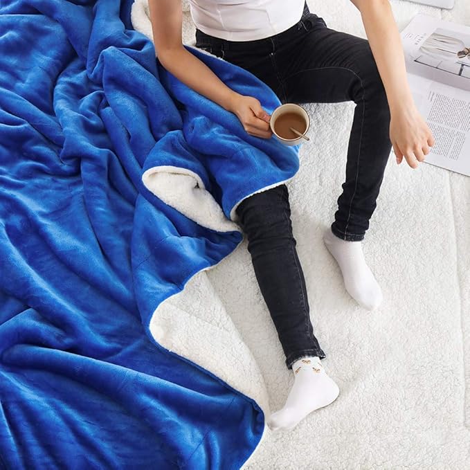 NANPIPER Bed Blanket Reversible Sherpa Flannel Blanket Super Soft Fuzzy Plush Fleece Microfiber (90"x90" Princess Blue) Queen