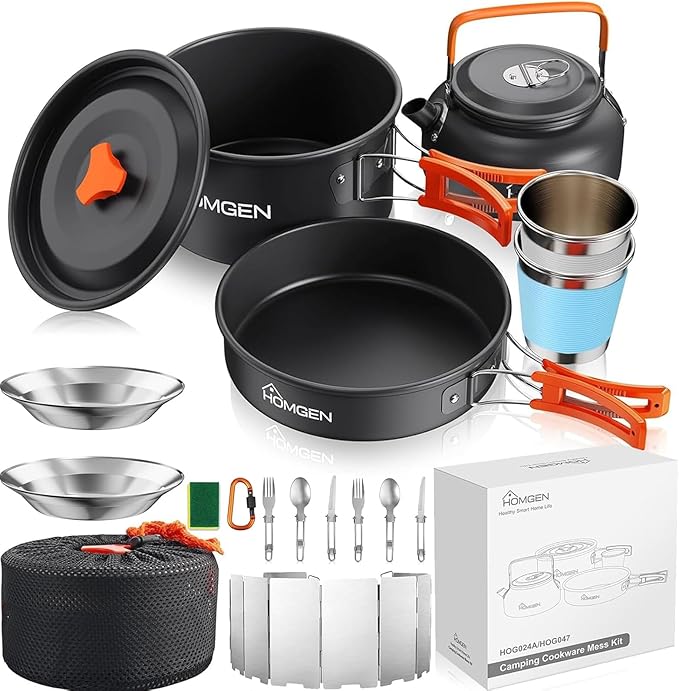 HOMGEN 14-Piece Camping Cooking Set with Stove Windshield & 2 Plates - Lightweight Aluminum Nesting Pot/Frying Pan Teapot - Complete Camping Mess Kit for Backpacking Picnics Outdoor Cooking Camping