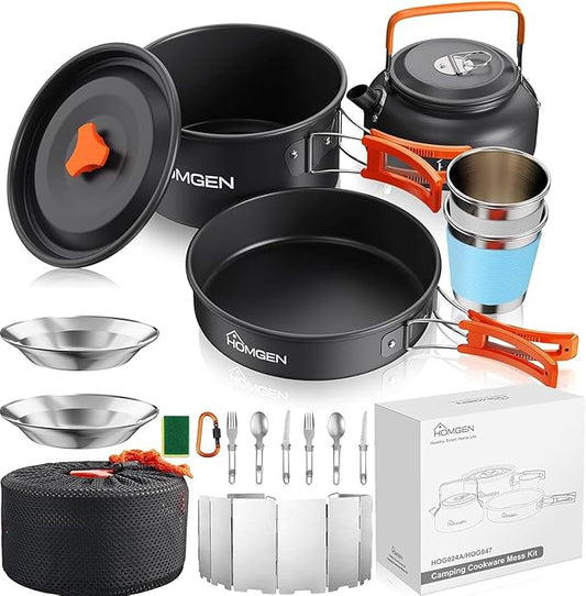 HOMGEN 14-Piece Camping Cooking Set with Stove Windshield & 2 Plates - Lightweight Aluminum Nesting Pot/Frying Pan Teapot - Complete Camping Mess Kit for Backpacking Picnics Outdoor Cooking Camping