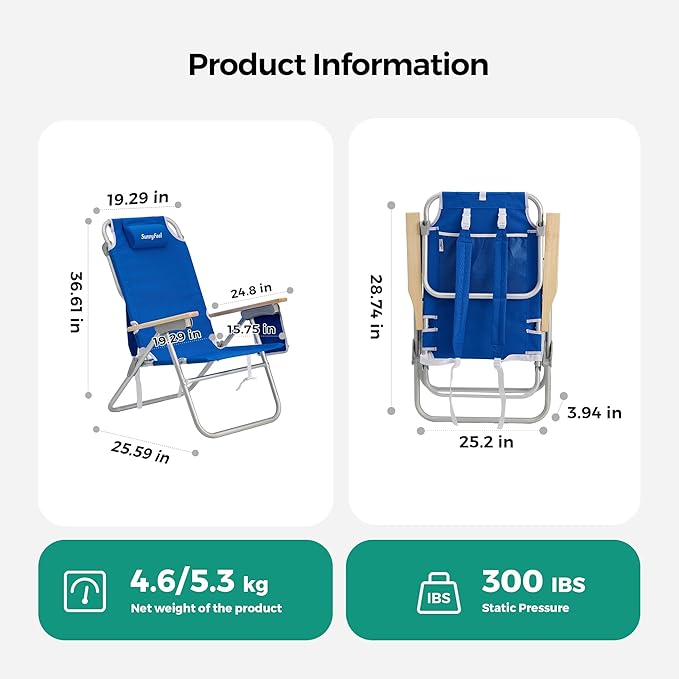 SUNNYFEEL High Back Folding Beach Chair, Tall Beach Chair with 3 Reclining Position, Portable Camping Chair for Adults, Wood Armrest, Lightweight Camping Chair 300 lbs Heavy Duty, Blue
