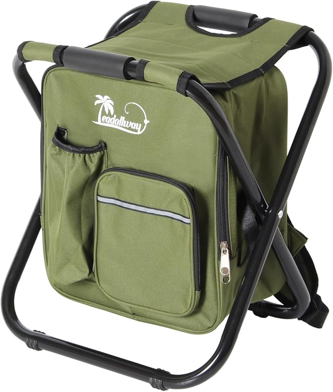 LEADALLWAY Backpack Fishing Chair with Cooler Bag Foldable Stool,Fishing Hunting Gifts for Men,Outdoor,Camping,Paints,BBQ,Beach,Picnic,Hiking,Concert,Green