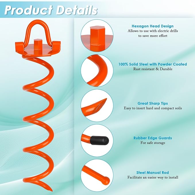 FEED GARDEN 12.2 Inch Spiral Ground Anchors Heavy Duty Screw in Spiral Stakes, 4 Pack Folding Ring Ground Stakes for Securing Dogs,Tents, Trampolines, Canopies, Swing Sets,Orange