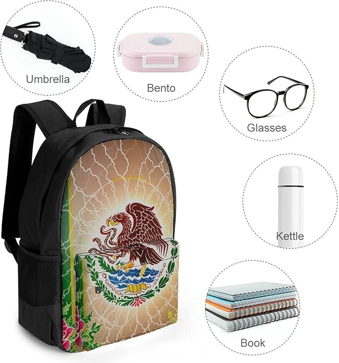 Daypack Polyester Anti-Theft Multipurpose Mexican Flag Lighting Flower Bookbag Big Capacity Gym Outdoor Hiking Backpack With Adjustable Shoulder Straps