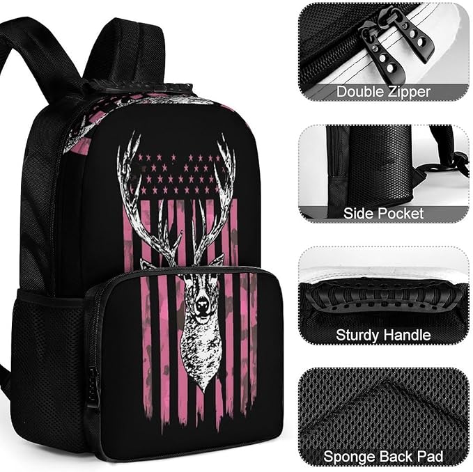 Polyester Daypack for Hiking Work Running, Big Capacity Anti-Theft Multipurpose Shoulder Bag, American Flag Camo Deer Hunting Pink Camouflage Travel and Sport Backpack Rucksack