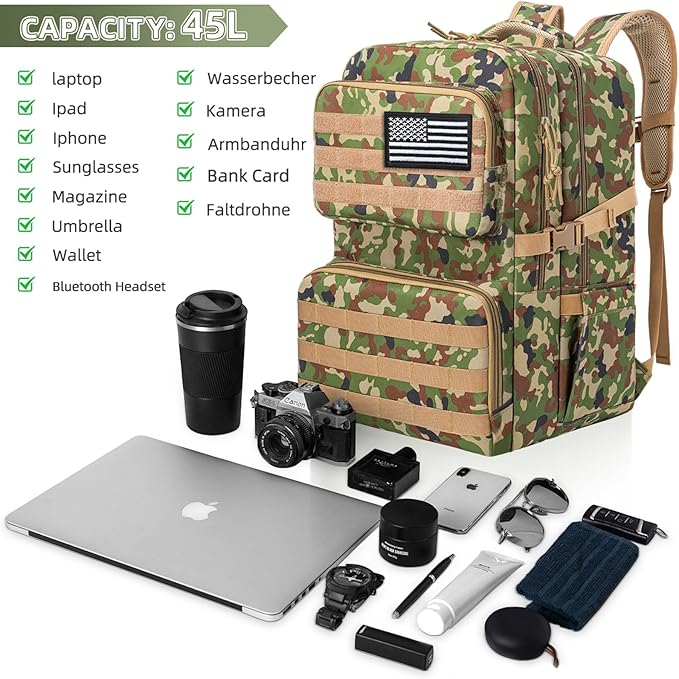 45L Tactical Backpack for Men, Water-resistant Military MOLLE Assault Backpack Bag for Hunting Camping Travel (Khaki Camo)