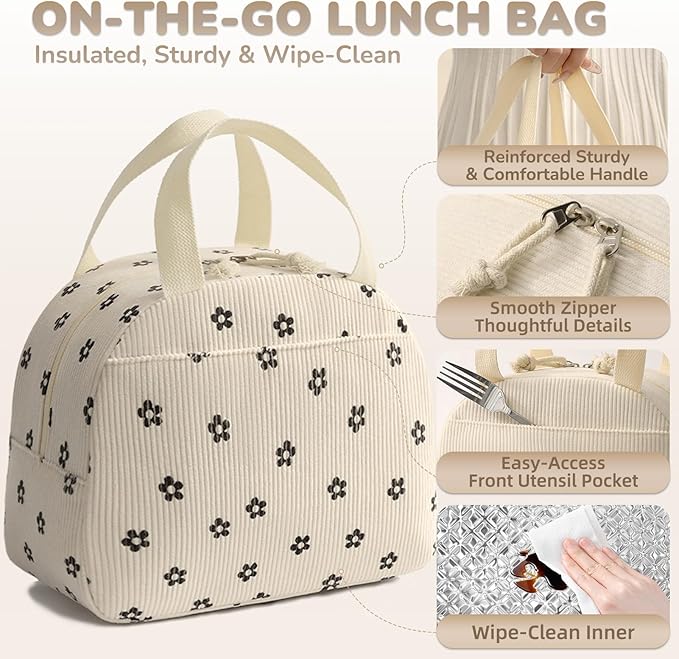 Lunch Bag for Women Men Cute Corduroy Lunch Tote Bags Reusable Insulated Lunch Box Large Capacity Reusable Insulated Cooler for Work/Picnic/Travel