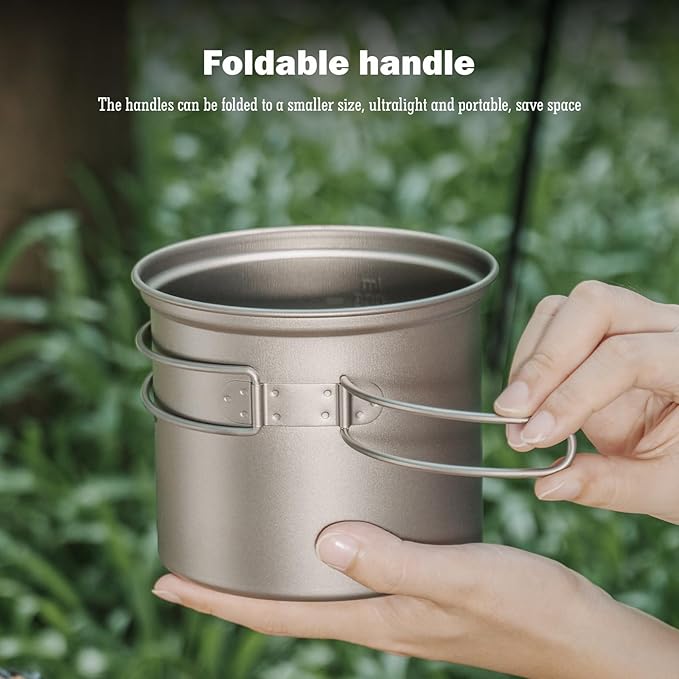 iBasingo Backpacking Cookset Titanium Camping Pots Set Ultralight Outdoor Picnic Pots Pans with Folding Handle Druable Portable Cooking Mess Kit Compact Picnic Dishes Bowls Cups (Multiple Sizes)