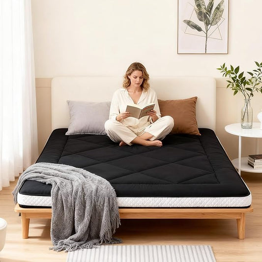 Welnow Japanese Futon Floor Mattress, Thick Twin Size Tatami Mat Portable & Foldable Roll Up Floor Bed Mattress with Storage Bag, Sleeping Pad for Adults, Dorm, Guest Bed, Camping and Travel, Black