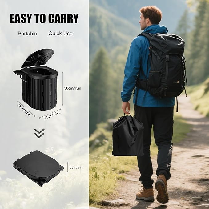 Camping Portable Toilet with Pop-Up Privacy Tent, Upgraded 15'' Height Folding Camping Toilet for All Ages, Outdoor Camping Portable Shower Enclosure Changing Tent