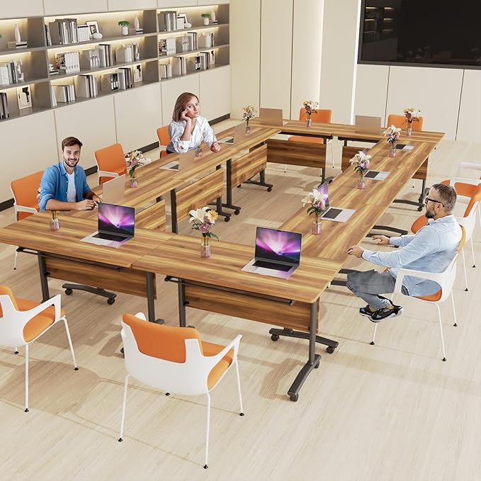 2Packs Conference Room Table Foldable, Rectangular and Space-Saving Desk for Meetings, Offices, and Classrooms Heavy Duty, Sturdy Construction Easy Setup (Light Walnut 55.1*21.6*29.5Inch)