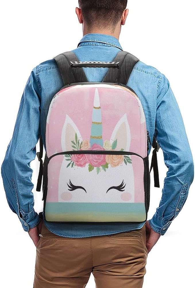 Lightweight Daypack Backpack for Trekking Work Running, Big Capacity Multipurpose Anti-Theft Bookbag, Pink Unicorns Face Business Computer Bag