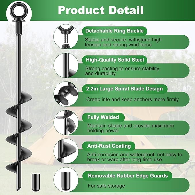 Ground Anchors Heavy Duty Tent Stakes 18 Inch Swing Set Anchors Kit Screw in Fully Welded Spiral Earth Anchors Trampoline Stakes High Wind Metal for Shed Tent Carports Securing Animals Camping 4Pcs