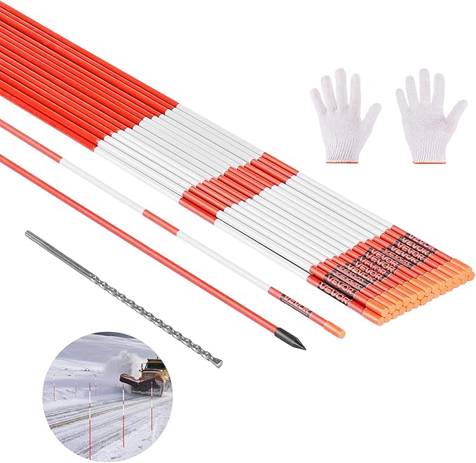 VEVOR Driveway Markers, 50Pcs 60 in Long 5/16 in Dia, Hi-Visibility Driveway Reflectors with 12 in Steel Drill Bits, Reflective Snow Sticks Fiberglass Pole for Parking Lots, Walkways, Snow Plowing
