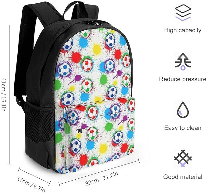 Polyester Daypack Backpack for Sports Travel Running, Big Capacity Anti-Theft Multipurpose Carry On Bag, Splash Ink Colorful Paint Football Soccer Ball Laptop Book Bag Rucksack