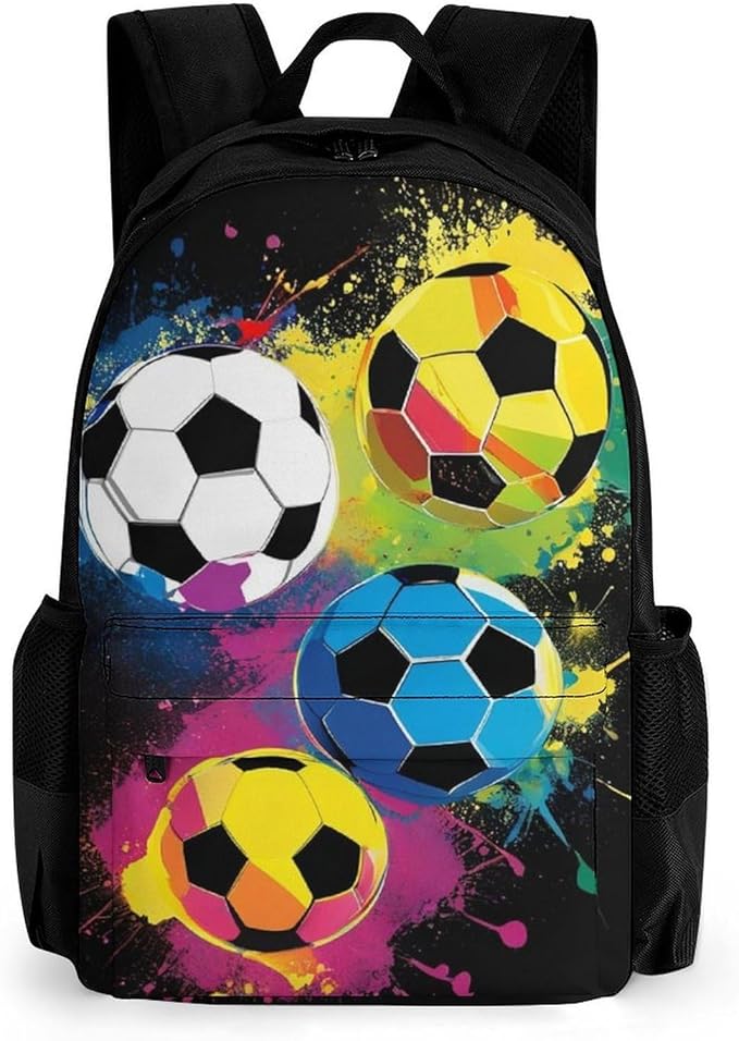 Supdreamc Men Women Polyester Colorful Paint Splash Ink Soccer Ball Football Black Daypack Big Capacity Shoulder Bag With Smooth Zippers for Hiking Work Walking Cycling