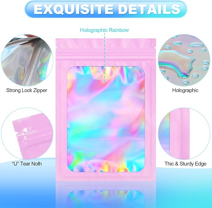 100 Pieces Smell Proof Mylar Bags- Resealable Holographic Packaging Pouch Bag with Clear Window for Food Storage Eyelash Jewelry Electronics Storage (Pink, 2.8 x 4 Inch)