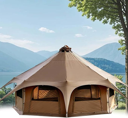 Octagon Tent, Canvas Bell Yurt Tent, 15 Person Large Glamping Tent with Stove Jack, Waterp-roof Polycotton Roof, and 8 Mesh Windows for Comfortable Family Camping and Festival Outings.