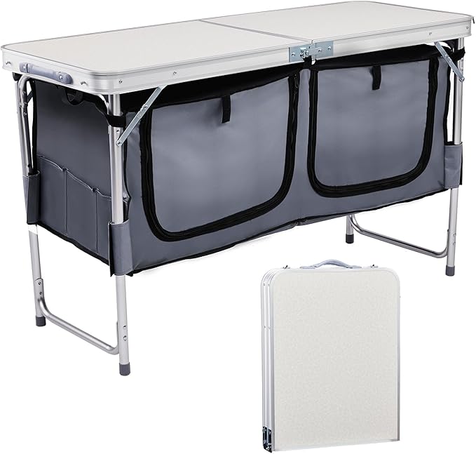 Outvita Folding Table, 4FT Aluminum Camping Table with Large Storage Space and Adjustable Height Picnic Table Lightweight for Carring Outdoor Party Events Beach