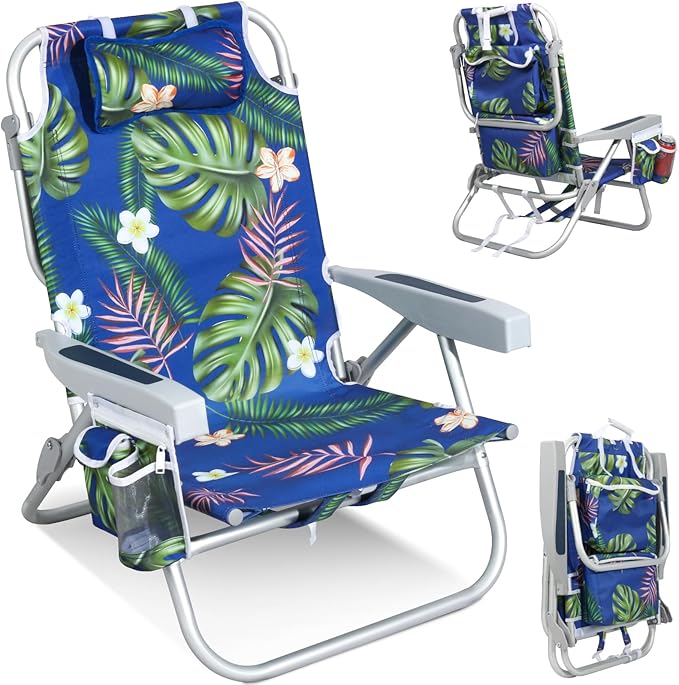 Low Beach Chairs for Adults - 5-Position Reclining Backpack Chair with Large Insulated Cooler & Storage Pocket, Aluminum Frame, Portable for Travel & Outdoor, Supports 300lbs, Tropical Palm